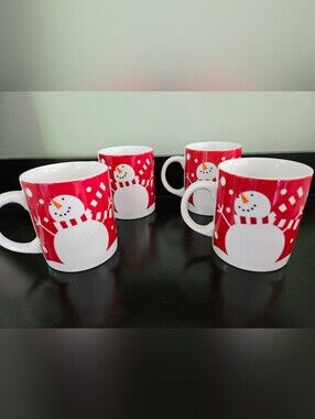Holiday Snowman Ceramic Mug - Red and White - Set Of 4